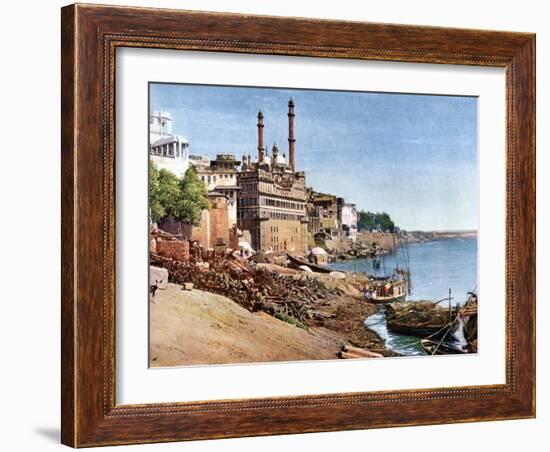 The River Ganges and the Burning Ghats at Benares (Varanas), India, Early 20th Century-null-Framed Giclee Print