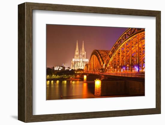 The River Rhine and Cologne Cathedral at Night, Cologne, North Rhine-Westphalia, Germany, Europe-Julian Elliott-Framed Photographic Print