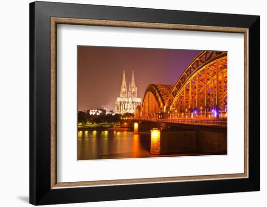 The River Rhine and Cologne Cathedral at Night, Cologne, North Rhine-Westphalia, Germany, Europe-Julian Elliott-Framed Photographic Print