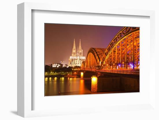 The River Rhine and Cologne Cathedral at Night, Cologne, North Rhine-Westphalia, Germany, Europe-Julian Elliott-Framed Photographic Print