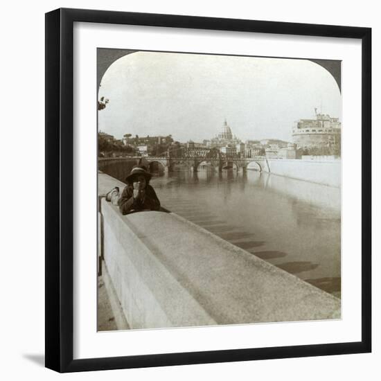 The River Tiber, Castel Sant' Angelo and St Peter's Basilica, Rome, Italy-Underwood & Underwood-Framed Photographic Print
