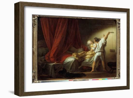 The Romantic Scene Lock Depicting a Young Man Preventing His Mistress from Leaving the Bedroom in B-Jean-Honore Fragonard-Framed Giclee Print