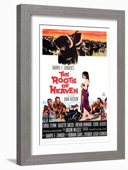 The Roots of Heaven, from Left: Eddie Albert, Trevor Howard, Juliette Greco, Errol Flynn, 1958-null-Framed Premium Giclee Print