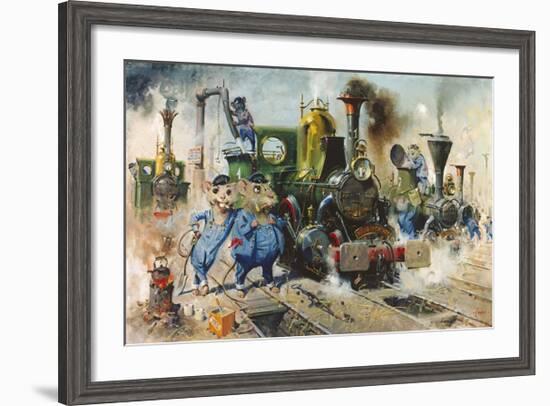 The Running Sheds of the Great Caerphilly and Vole-Tail Central Railway-Terence Cuneo-Framed Premium Giclee Print