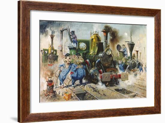 The Running Sheds of the Great Caerphilly and Vole-Tail Central Railway-Terence Cuneo-Framed Premium Giclee Print