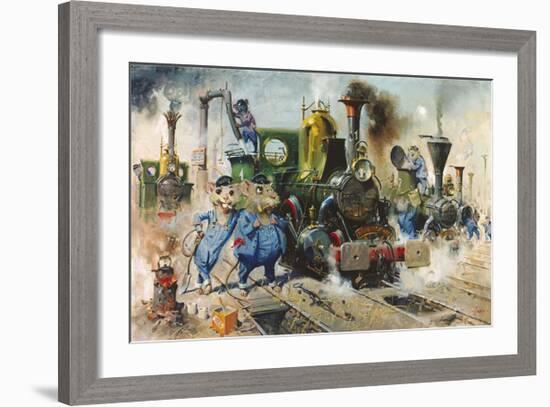 The Running Sheds of the Great Caerphilly and Vole-Tail Central Railway-Terence Cuneo-Framed Premium Giclee Print