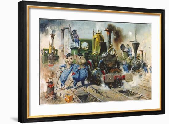 The Running Sheds of the Great Caerphilly and Vole-Tail Central Railway-Terence Cuneo-Framed Premium Giclee Print