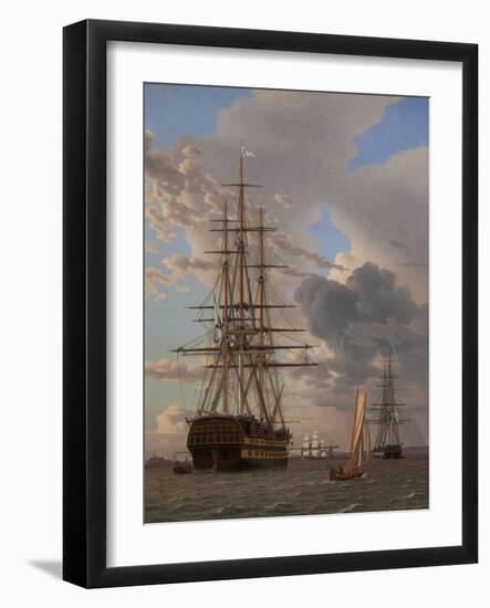 The Russian Ship of the Line Azov and a Frigate at Anchor in the Roads of Elsinore, 1828-Christoffer-wilhelm Eckersberg-Framed Giclee Print