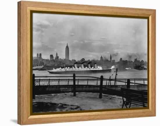 The S.S. Mauretania and New York City Skyline-null-Framed Premier Image Canvas