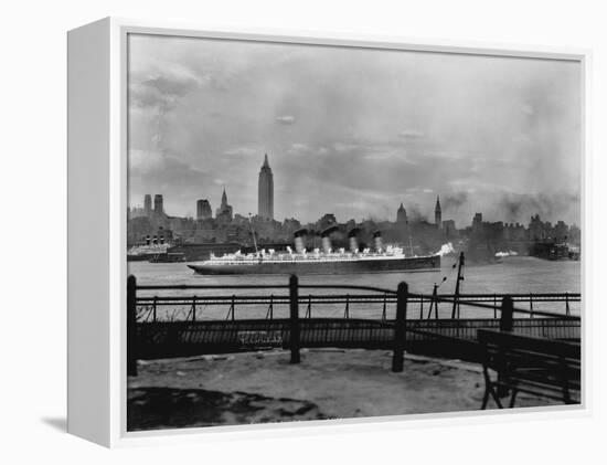 The S.S. Mauretania and New York City Skyline-null-Framed Premier Image Canvas