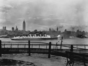 The S.S. Mauretania and New York City Skyline