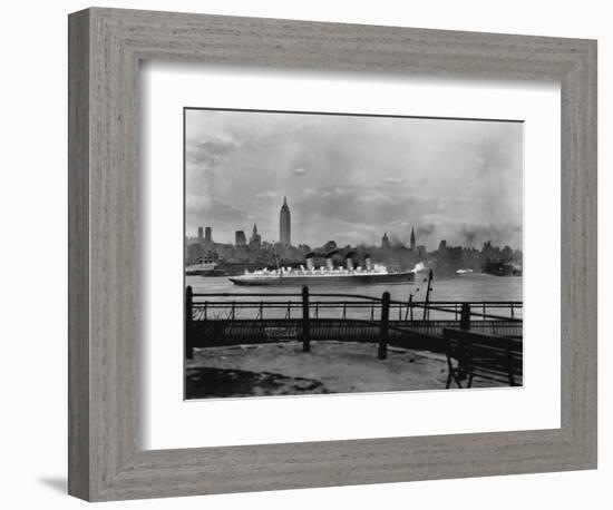 The S.S. Mauretania and New York City Skyline-null-Framed Photographic Print