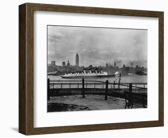 The S.S. Mauretania and New York City Skyline-null-Framed Photographic Print