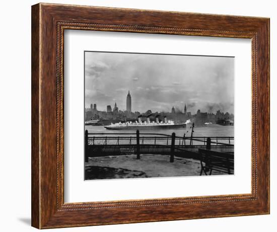 The S.S. Mauretania and New York City Skyline-null-Framed Photographic Print