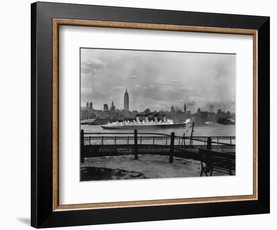 The S.S. Mauretania and New York City Skyline-null-Framed Photographic Print