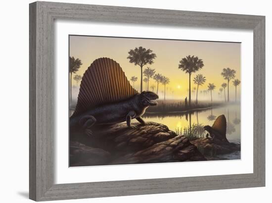 The Sailed-Back Dimetrodon Sunbathes in a Primordial Swamp-null-Framed Premium Giclee Print