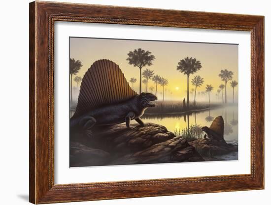 The Sailed-Back Dimetrodon Sunbathes in a Primordial Swamp-null-Framed Premium Giclee Print