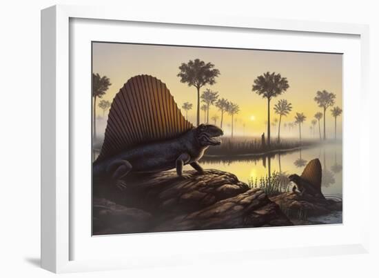 The Sailed-Back Dimetrodon Sunbathes in a Primordial Swamp-null-Framed Premium Giclee Print