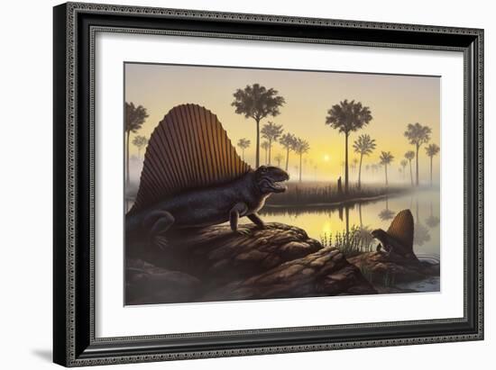 The Sailed-Back Dimetrodon Sunbathes in a Primordial Swamp-null-Framed Premium Giclee Print
