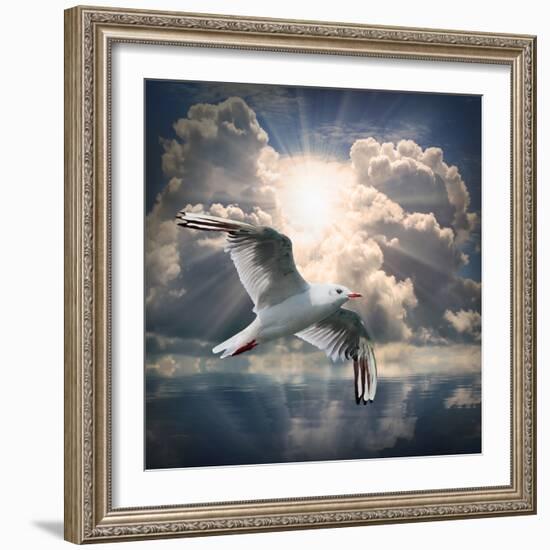 The Seagull Flying Over A Sea Against A Dramatic Sky. Background From Nature-Kletr-Framed Photographic Print