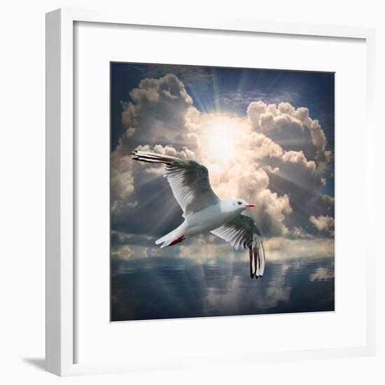 The Seagull Flying Over A Sea Against A Dramatic Sky. Background From Nature-Kletr-Framed Photographic Print