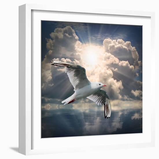 The Seagull Flying Over A Sea Against A Dramatic Sky. Background From Nature-Kletr-Framed Photographic Print