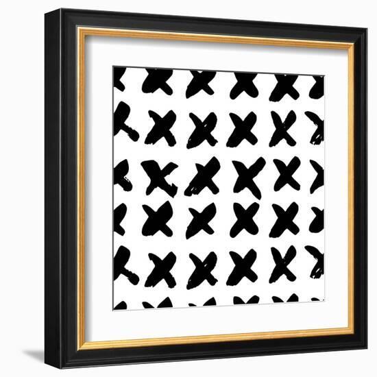 The Seamless Black and White Pattern with Crosses. the Creative Monochrome Hand Drawn Background Fo-wildfloweret-Framed Art Print