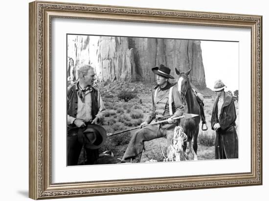 The Searchers, from Left: Harry Carey Jr., John Wayne, Hank Worden, 1956-null-Framed Premium Photographic Print