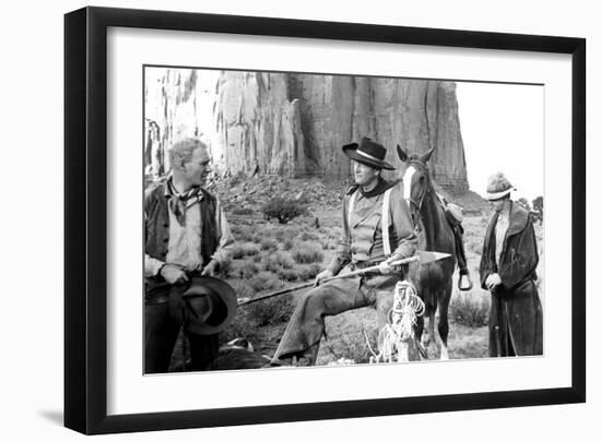 The Searchers, from Left: Harry Carey Jr., John Wayne, Hank Worden, 1956-null-Framed Premium Photographic Print