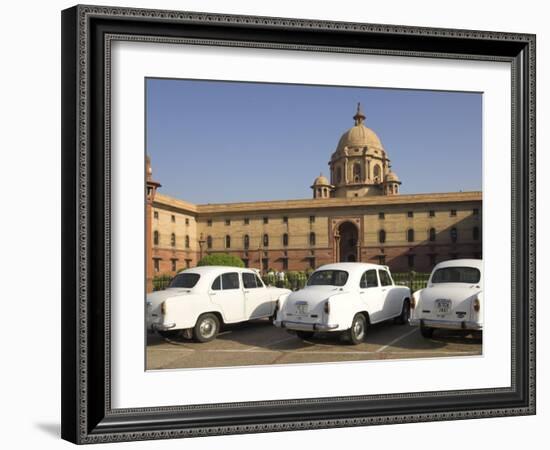 The Secretariats, Rashtrapati Bhavan, with White Official Ambassador Cars with Secretatriat, India-Eitan Simanor-Framed Photographic Print