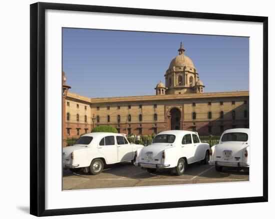 The Secretariats, Rashtrapati Bhavan, with White Official Ambassador Cars with Secretatriat, India-Eitan Simanor-Framed Photographic Print