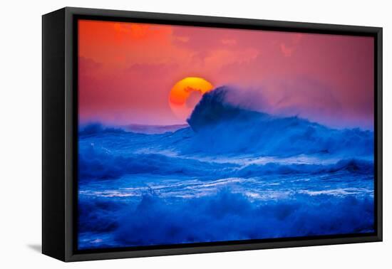 The setting sun and large winter waves breaking off the north coast of Kauai, Hawaii-Mark A Johnson-Framed Premier Image Canvas