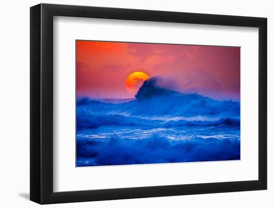 The setting sun and large winter waves breaking off the north coast of Kauai, Hawaii-Mark A Johnson-Framed Photographic Print