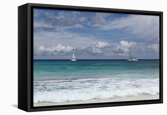 The Seychelles, La Digue, Anse Coco, Two Catamaran Yachtsmen-Catharina Lux-Framed Premier Image Canvas