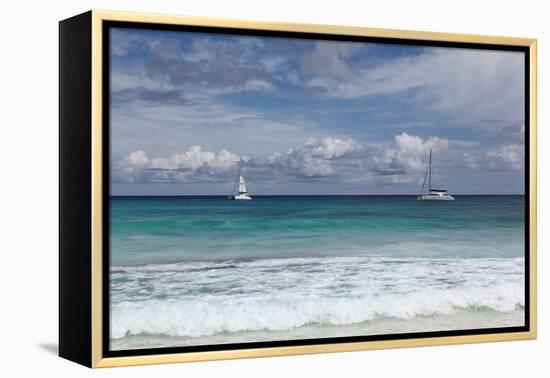 The Seychelles, La Digue, Anse Coco, Two Catamaran Yachtsmen-Catharina Lux-Framed Premier Image Canvas