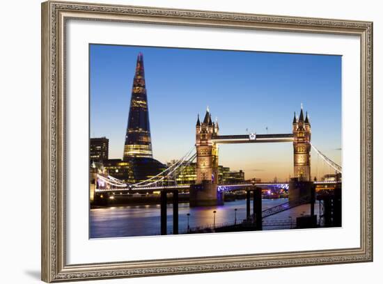 The Shard and Tower Bridge at Night, London, England, United Kingdom, Europe-Miles Ertman-Framed Photographic Print