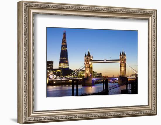 The Shard and Tower Bridge at Night, London, England, United Kingdom, Europe-Miles Ertman-Framed Photographic Print