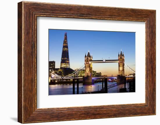 The Shard and Tower Bridge at Night, London, England, United Kingdom, Europe-Miles Ertman-Framed Photographic Print