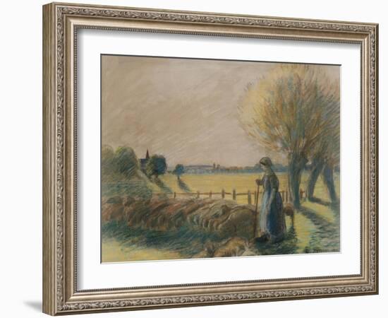 The Shepherdess of Eragny (Tempera and Pastel with Traces of Watercolour and Pencil on Grey Paper)-Camille Pissarro-Framed Giclee Print