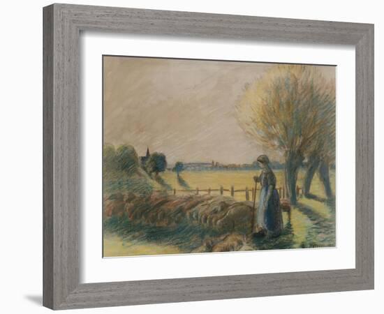 The Shepherdess of Eragny (Tempera and Pastel with Traces of Watercolour and Pencil on Grey Paper)-Camille Pissarro-Framed Giclee Print