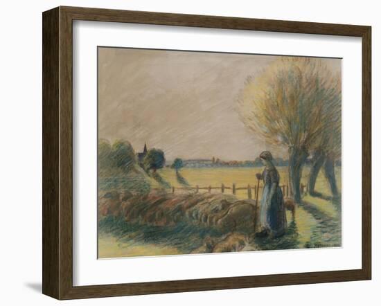 The Shepherdess of Eragny (Tempera and Pastel with Traces of Watercolour and Pencil on Grey Paper)-Camille Pissarro-Framed Giclee Print
