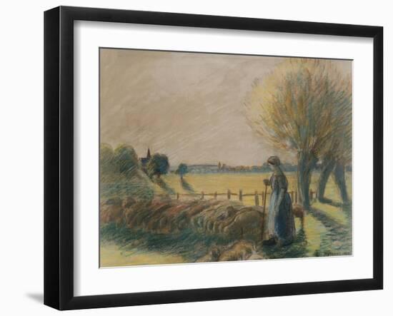 The Shepherdess of Eragny (Tempera and Pastel with Traces of Watercolour and Pencil on Grey Paper)-Camille Pissarro-Framed Giclee Print