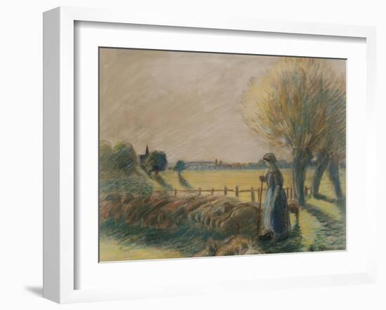 The Shepherdess of Eragny (Tempera and Pastel with Traces of Watercolour and Pencil on Grey Paper)-Camille Pissarro-Framed Giclee Print