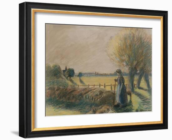 The Shepherdess of Eragny (Tempera and Pastel with Traces of Watercolour and Pencil on Grey Paper)-Camille Pissarro-Framed Giclee Print