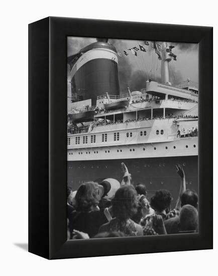 The Ship United States, under Flags, Going on First Trip, with Passengers Waving to Those on Shore-Frank Scherschel-Framed Premier Image Canvas