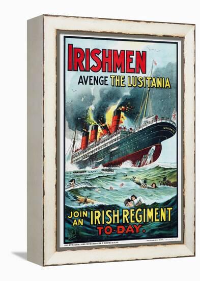 The sinking of RMS Lusitania with the ship in flames. Lusitania was hit in 1915 by a German U-boat.-Vernon Lewis Gallery-Framed Stretched Canvas