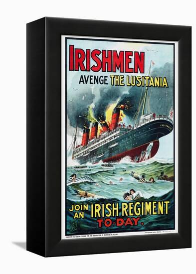 The sinking of RMS Lusitania with the ship in flames. Lusitania was hit in 1915 by a German U-boat.-Vernon Lewis Gallery-Framed Stretched Canvas