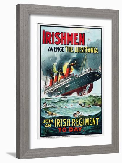 The sinking of RMS Lusitania with the ship in flames. Lusitania was hit in 1915 by a German U-boat.-Vernon Lewis Gallery-Framed Art Print