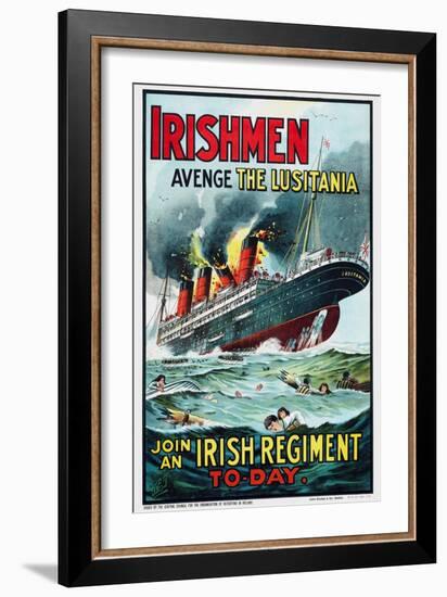 The sinking of RMS Lusitania with the ship in flames. Lusitania was hit in 1915 by a German U-boat.-Vernon Lewis Gallery-Framed Art Print