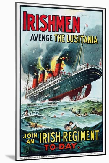 The sinking of RMS Lusitania with the ship in flames. Lusitania was hit in 1915 by a German U-boat.-Vernon Lewis Gallery-Mounted Art Print